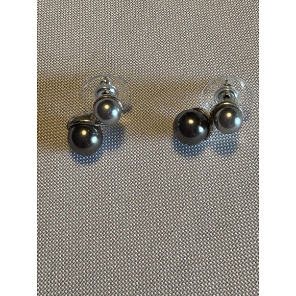 Silver Tone Double Ball Stud Earrings Modern Post Faux Pearl Two-Tone Elegant - Picture 6 of 7